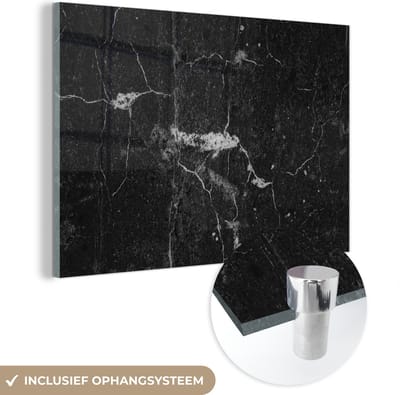Glasschilderij zwart wit - Steen - Graniet - Structuren - Stenen look - Zwart - Wit - 150x100 cm - Schilderij glas - Decoratie woonkamer
