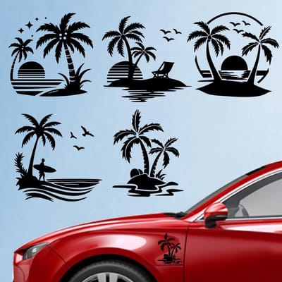 Dailygoods- Autosticker Kokosnootboom - 5 Stuks - Vinyl - Voertuigdecoratie - Strandscène - Oceaan/Zonsondergang - 15,5 x 14,8 cm - Autodecoratie