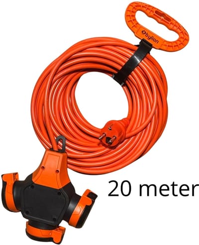 20 meter verlengkabel met 3 stopcontacten met handige ophanghaak