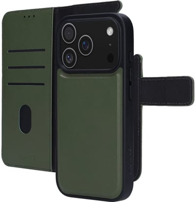Mobiparts hoesje geschikt voor Apple iPhone 17 Pro Apple iPhone 18 Pro - Wallet 2-in-1 Boekhoesje - MagSafe - Echt Leder - Uitneembare Case - Sterke Magneet Sluiting - Contactloos betalen - Groen