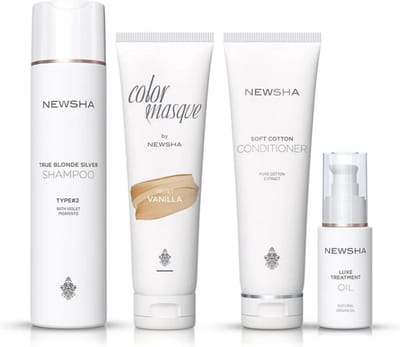 NEWSHA - Beauty Secret Tegen Vergeling Bij Geblondeerd Haar - Set - TRUE BLONDE SILVER SHAMPOO TYPE #2 250ml - SOFT COTTON CONDITIONER 150ml - COLOR MASQUE VELVET VANILLA 150ml - LUXE TREATMENT OIL 30ml