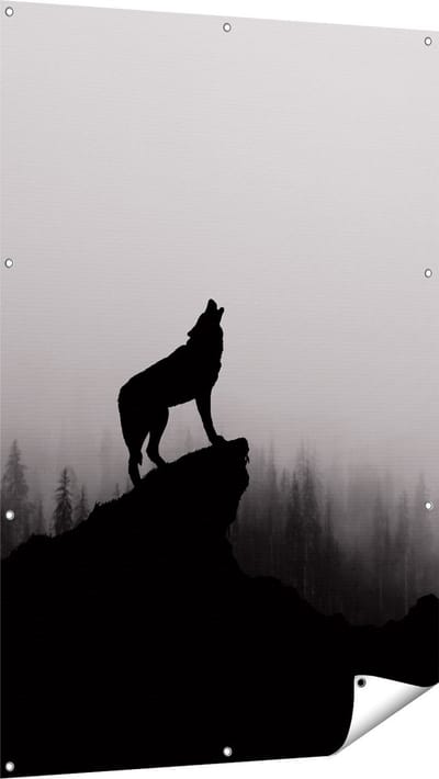 Gards Tuinposter Silhouet van een Huilende Wolf - Abstract - 100x150 cm - Tuindoek - Tuindecoratie - Wanddecoratie buiten - Tuinschilderij
