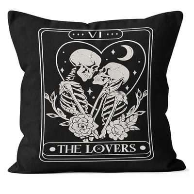 Housse de coussin Tarot Gothique, Housse de coussin Amoureux Squelettes, Décor Carte Les Amoureux, Coussin Décoratif Noir et Blanc pour Chambre à Coucher 40x40cm white