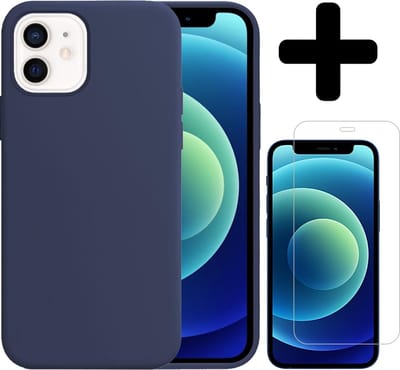 Hoesje - Met Screenprotector - Geschikt voor Apple iPhone 12 - Sterk & Shockproof - Telefoon Hoes - Back Cover - Siliconen Case - Telefoonhoes - Donkerblauw