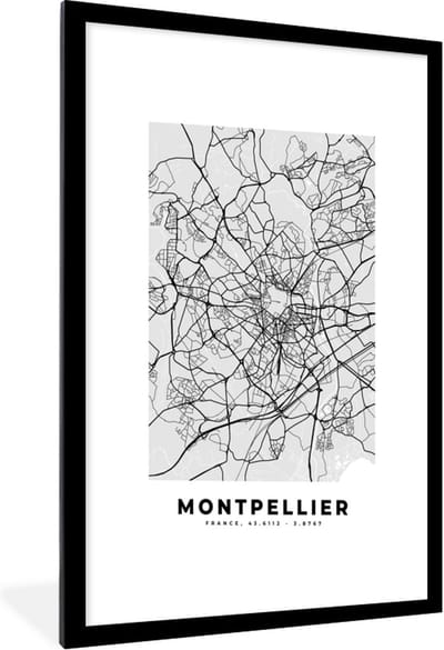 Fotolijst incl. Poster - Plattegrond - Kaart - Stadskaart - Frankrijk - Montpellier - 60x90 cm - Posterlijst