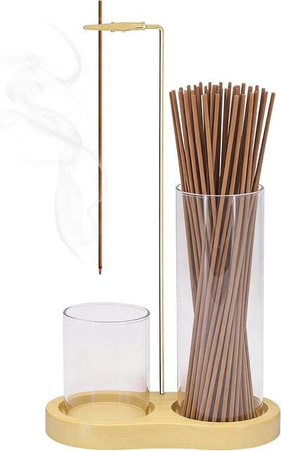 2-in-1 Glazen Asvanghouder en Wierookhouder voor Yoga, Spa, Meditatie en Thuisdecoratie in Natuurlijk Houtkleur