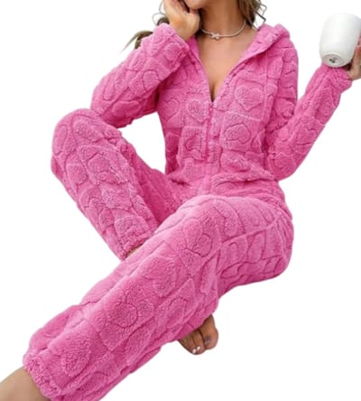 Dames Warme Winter Onesie Maat M – Warme Fleece Pyjama met Capuchon | Dikke Nachtkleding en Loungewear Jacquard Print | Comfortabele Huispak Vrouwen