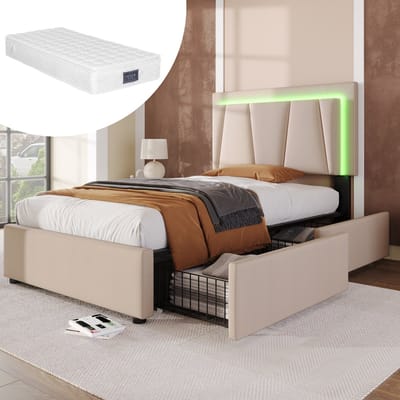 DESMIU Gestoffeerd Bed 90x200cm – Bed Met Verstelbaar Hoofdeinde, Ledverlichting & 2 Lades – Slaapkamer – Beige – Met Matras