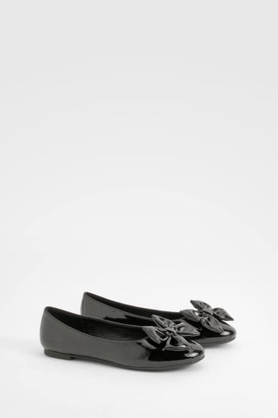 boohoo Dames Patent Bow Rondteen Ballerina | Zwart | Maat: 40