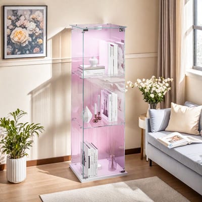 Vitrinekast met LED Verlichting – 3-Laags Displaykast met Glazen Deur, Witte Achterwand, Smalle Opbergkast voor Woonkamer, Slaapkamer of Kantoor – 39,8 x 35 x 123,3 cm
