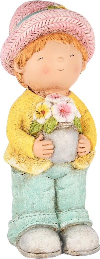 Dekoratief | Jongen staand m/bloemen, geel/blauw, magnesium, 14x13x36cm | A250770