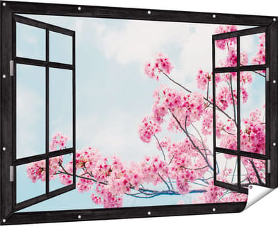 Gards Tuinposter Doorkijk Roze Bloesemboom - Bloemen - 180x120 cm - Tuindoek - Tuindecoratie - Wanddecoratie buiten - Tuinschilderij