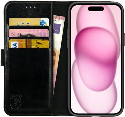 Rosso Element Book Case Wallet Hoesje Geschikt voor Apple iPhone 15 Plus | Portemonnee | 3 Pasjes | Magneetsluiting | Stand Functie | Zwart