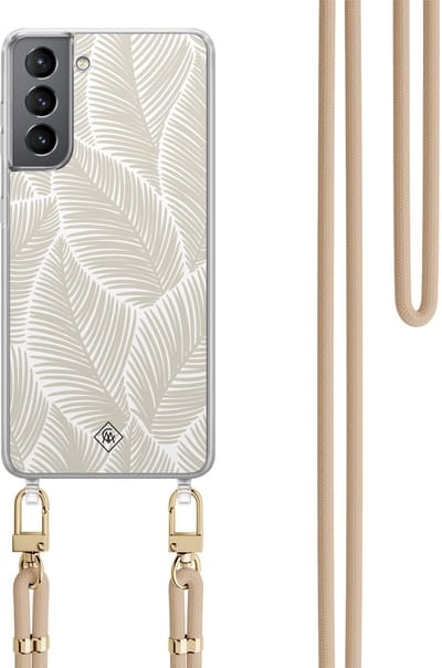 Casimoda® hoesje met beige koord - Geschikt voor Samsung S21 Plus - Palm Leaves Beige - Afneembaar koord - TPU/polycarbonaat - Bruin/beige