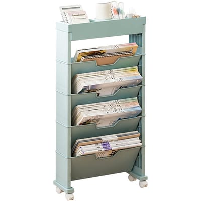 Bibliothèque de classe multicouche avec roue universelle Rangement de livres Étagères pour salon bleu