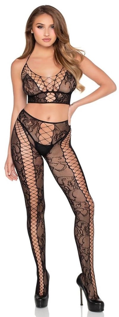 Leg Avenue - Lace Crop Top and Crotchless Tights Lingerie set - Zwart