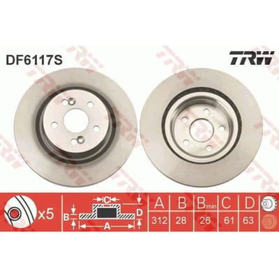 Remschijf TRW DF6117S voorkant, geventileerd, 1 Stuk