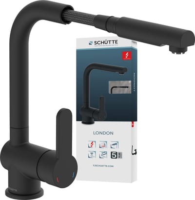 SCHÜTTE LONDON Design Keukenkraan Voor Waterverwarmer - Met Vrije Uitloop - Lage Druk - Mengkraan - Hoge, Draaibare En Uittrekbare Uitloop - Zijdelingse Greep - Mat Zwart