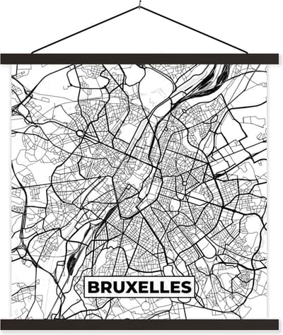 Posterhanger incl. Poster 60x60 cm - Schoolplaat - Stadskaart – Zwart Wit - Kaart – Bruxelles – België – Plattegrond - Textielposter - Zwarte latten - Stadskaart
