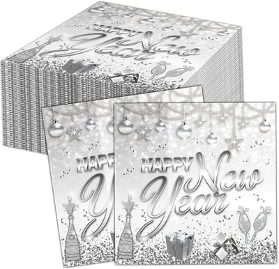Dailygoods- Papieren Servetten 40 Stuks - Oudejaarsavond 2026 - Tafeldecoratie - Zilverkleurig - 33 x 33 cm - Gelukkig Nieuwjaar Decoratie