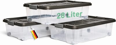 Novaliv 3x Onderbed Ladekast met Wielen 28L Opbergdoos Deksel Antraciet Nestbaar Stapelbaar met Clipsluiting Rolbox BPA-vrij 61x40x17 cm