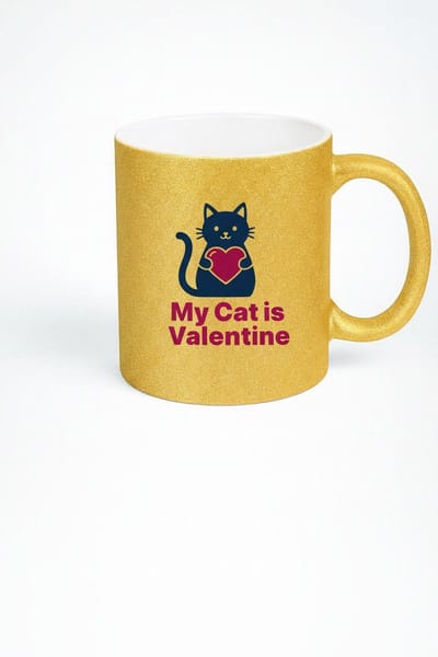 My Cat is Valentine" Gouden Glitter Mok - Lieve Kat Met Hart Design - Perfect Valentijn Cadeau voor Kattenliefhebbers