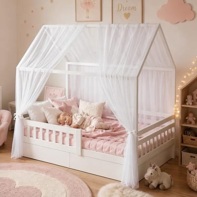 Huisbed, hemelset, 2 stuks, huisbed, hemel voor kinderbed, 150 x 350 cm, lichte ademende stoffen gordijnen, huisbedhemel, bedgordijn, voor meisjes en jongens, kinderbed, kinderkamer, decoratie (wit)