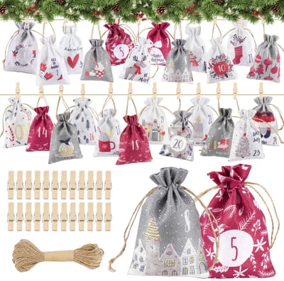 Dailygoody - Adventskalender om te vullen - Kerstkalender zelf knutselen - Incl. houten knijpers en jute koord - Cadeauzakjes gevuld - Geschikt voor k