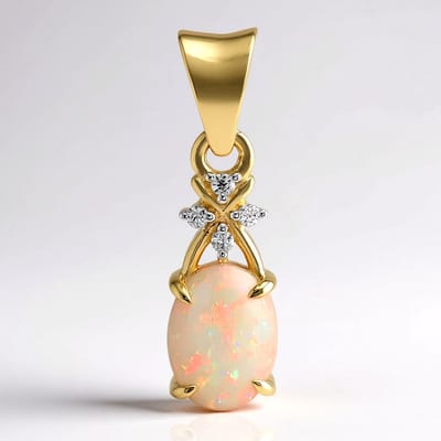 Cavill - Gouden hanger 375 geelgoud - Coober Pedy opaal 0,663 ct - Ovaal cabochon met zirkonia - Luxe opaal sieraden vrouw - Edelstenen hanger
