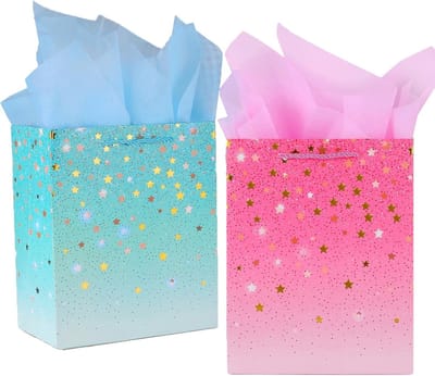 2 Stuks Medium Cadeauzakken van Tissuepapier, Papieren Draagzakken voor Verjaardagen, Feestjes en Cadeaus voor Mannen en Vrouwen