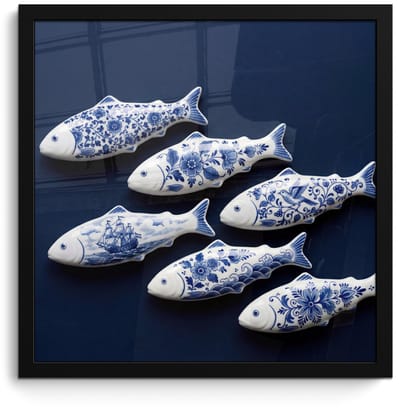 Poster in lijst - Fotolijst 40x40 cm - Posters - Vissen - Delfts - Blauw - Keramiek - Posterlijst zwart - Decoratie - Wanddecoratie woonkamer - Muurdecoratie slaapkamer
