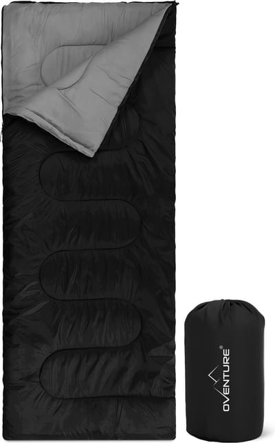 Oventure SleepPlus slaapzak | 190 x 80 cm | 3-seizoenen slaapzak | Comfortabel tot 8 °C | Voor kamperen, logeren en festivals | Zacht en luchtig materiaal | Geschikt voor volwassenen en kinderen | Met draagtas | Zwart
