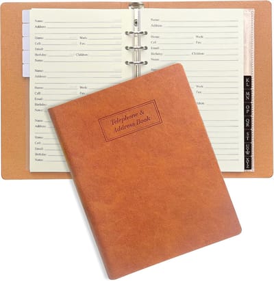 Adresboek Hervulbaar - Contactenboek Telefoonboek - Organiseren Contacten - Alfabetische Tabbladen - A5 Formaat - Bruin
