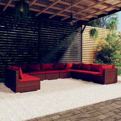vidaXL - 10-delige - Loungeset - met - kussens - poly - rattan - bruin