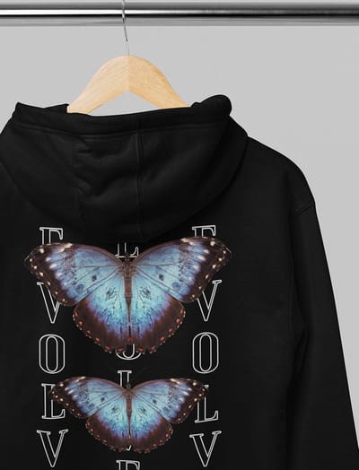 Hoodie - Evolved butterfly - Wurban Wear | Grappige Hoodie | Merk kleding | Unisex hoodie | Techno outfit | Trui | Oversized hoodie | Gym hoodie | Pump cover | Vlinder hoodie | Zwart