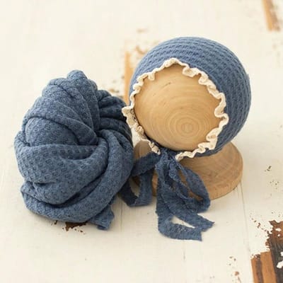 Accessoires de Photographie pour Nouveau-nés Ensemble Wraps et Bonnets Bébé Wrap Extensible Doux Pied-de-poule Bonnet Fond de Studio pour Photos Accessoires de Studio (blue,hat and wrap) bleu