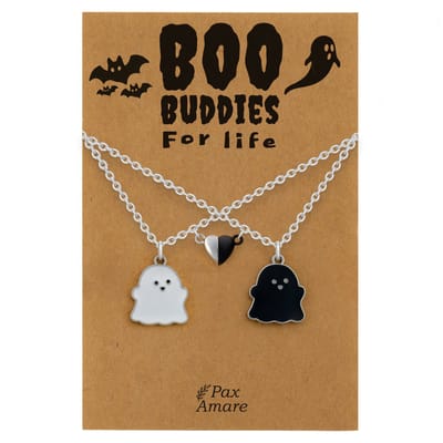 BFF Ketting voor 2 'Boo Buddies for Life' - Spookjes + Magnetisch Hartje - Vriendschapsketting op Cadeau Kaartje - 45cm + 5cm verstelbaar - Zilverkleurig - Best Friends Hanger - Pax Amare