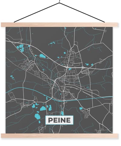 Posterhanger incl. Poster 120x120 cm - Schoolplaat - Plattegrond – Peine – Blauw – Stadskaart – Kaart - Duitsland - Textielposter - Blanke latten - Stadskaart
