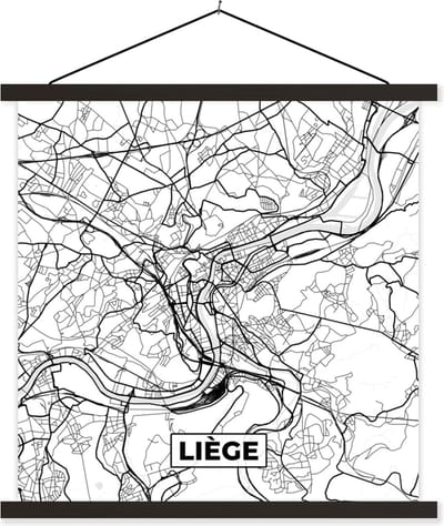 Posterhanger incl. Poster 60x60 cm - Schoolplaat - Zwart Wit – België – Plattegrond – Stadskaart – Kaart – Liège - Textielposter - Zwarte latten - Stadskaart