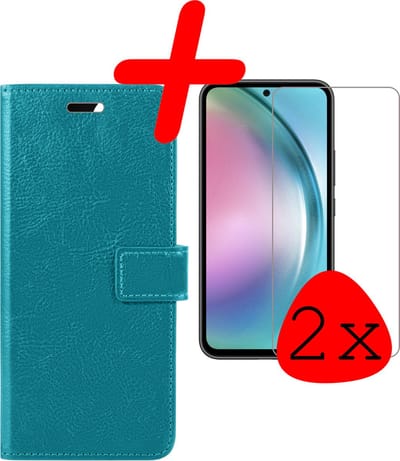 Hoesje Met 2x Screenprotector - Geschikt voor Samsung Galaxy A54 - Luxe Pasjeshouder - Bookcase Portemonee - Flip Case - Kunstleer Book Case - Flipcase Hoes - Book Cover - Walletcase - Portemonneehoes - Turquoise