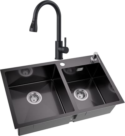 Auralum max Dubbele Spoelbak (75x45cm) Antraciet - Spoelbak Keuken Met Keukenkraan met Uittrekbare Uitloop - Duurzaam, Veelzijdig en Geluiddempend - Met zeepdispenser 300ml en Waterafvoersysteem