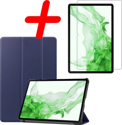 Hoesje Geschikt voor Samsung Galaxy Tab S8 - Met Screenprotector - Trifold Bookcase - Hard Cover - Hardcover Book Case - Tablet Hoes - Donkerblauw