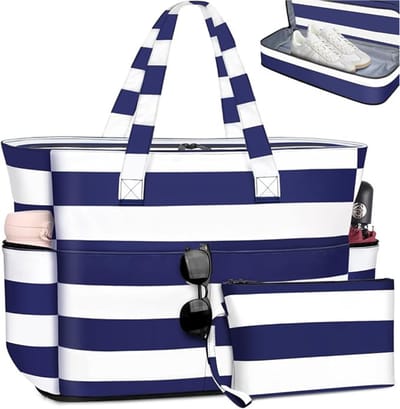 VIN® Strandtas Met Ritssluiting xl - Strandtas Met Rits 55 Liter - Grote Strandtas Waterdicht - Big Shopper - Strandtassen - Strand Tas – Reistas - Groen Met Witte Strepen