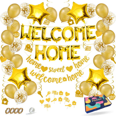 Fissaly Welkom Thuis Gouden Versiering – Welcome Home Decoratie - Suprise Party – Inclusief Ballonnen, Slingers, Vlaggenlijn, Caketoppers & Accessoires