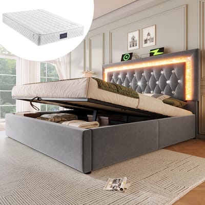BLACKCOLORS Gestoffeerd bed 140x200 cm Tweepersoonsbed van fluweel met diamantvormige ledstrips in het hoofdeinde, USB- en Type-C-oplaadstation, hydraulische opbergruimte, bed voor tieners met lattenbodem, modern functioneel bed, grijs (met matras)