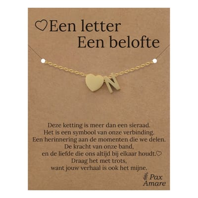 Letter N Armband op Cadeau Kaartje - Een letter, een belofte - 15,5cm + 5,5cm verstelbaar Goudkleurig Stainless Steel - Initiaal & Hartje Hanger - Pax Amare
