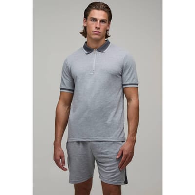 Slim Fit Piqué Interlock Gestreepte Polo En Shorts Set | Grey | Size XS