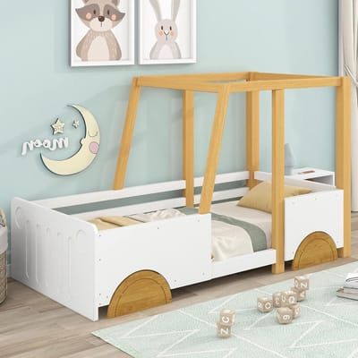 Kinderbed Jeep - Autobedu - Kinderslaapkamer Inrichten - Unieke Vormgeving - 90x200 cm - Wit Houtkleur