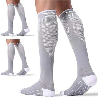 Travelhawk Compressiekousen Grijs - 3 Stuks - Hardloopsokken - Premium Compressiesokken - Running Socks - Vochtafdrijvend - Skisokken - Voorkom Blessures & Spierpijn - S/M