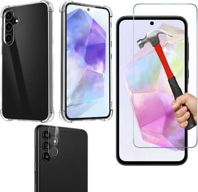 Anti -Shock Silicone hoesje transparant met Screenprotector Glas 1x en Camera lens protector 1x Geschikt voor: Samsung Galaxy A35
